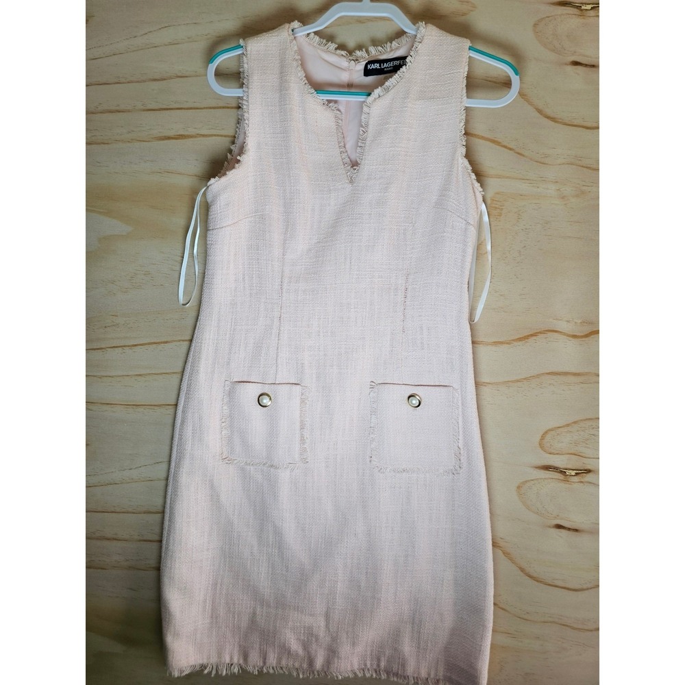 Karl Lagerfeld Paris Pink Tweed Sheath Dress Pearl Button Fringe Trim Size 6 - Picture 1 of 16